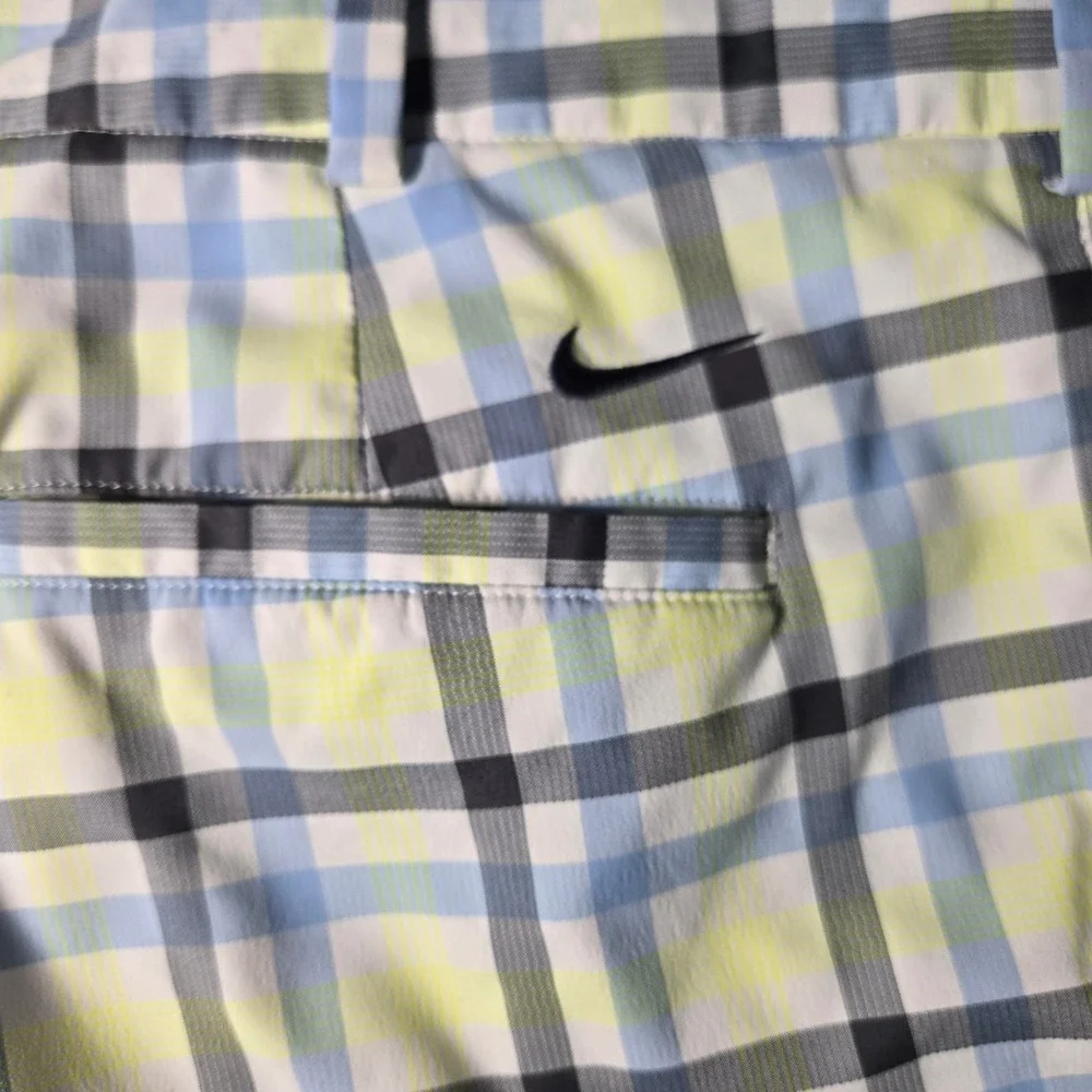 Nike Golf Dri-FIT‎ Plaid Shorts Mens 36 Blue Lime Green White Black Checkered